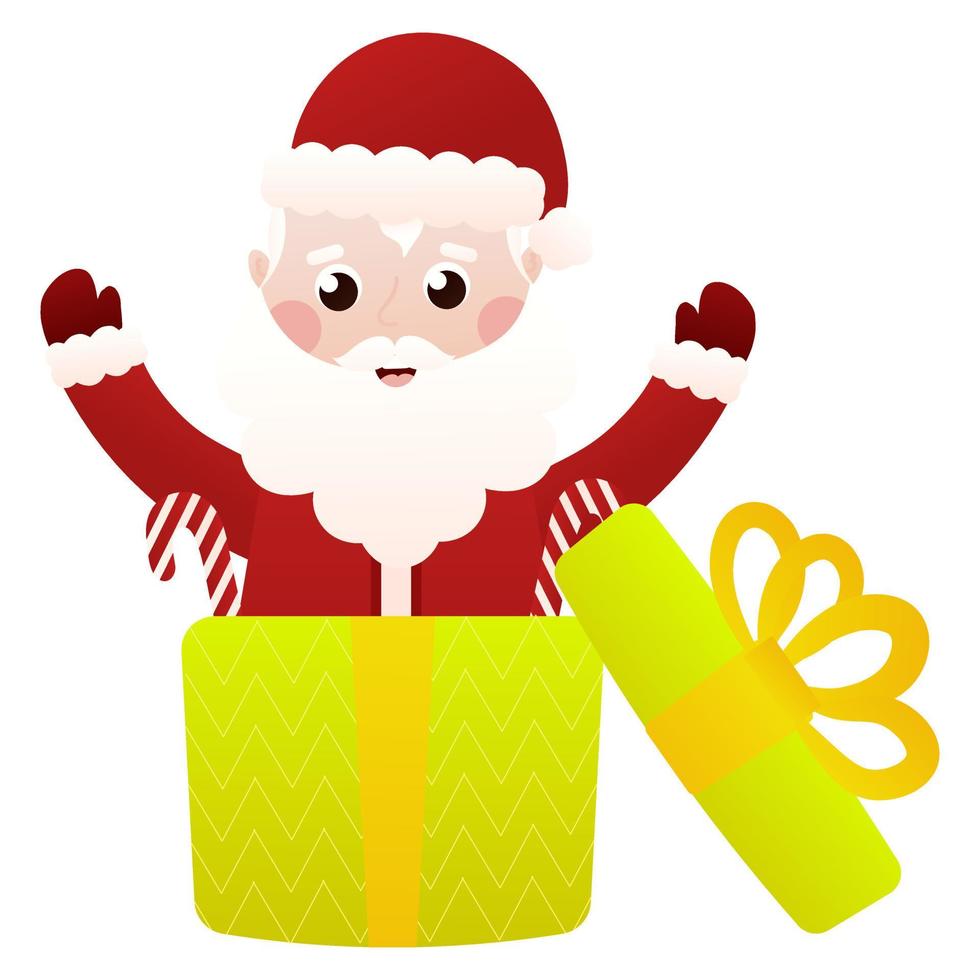 Santa Claus jumps out of the gift box in cartoon style on white background, clip art for poster design vector