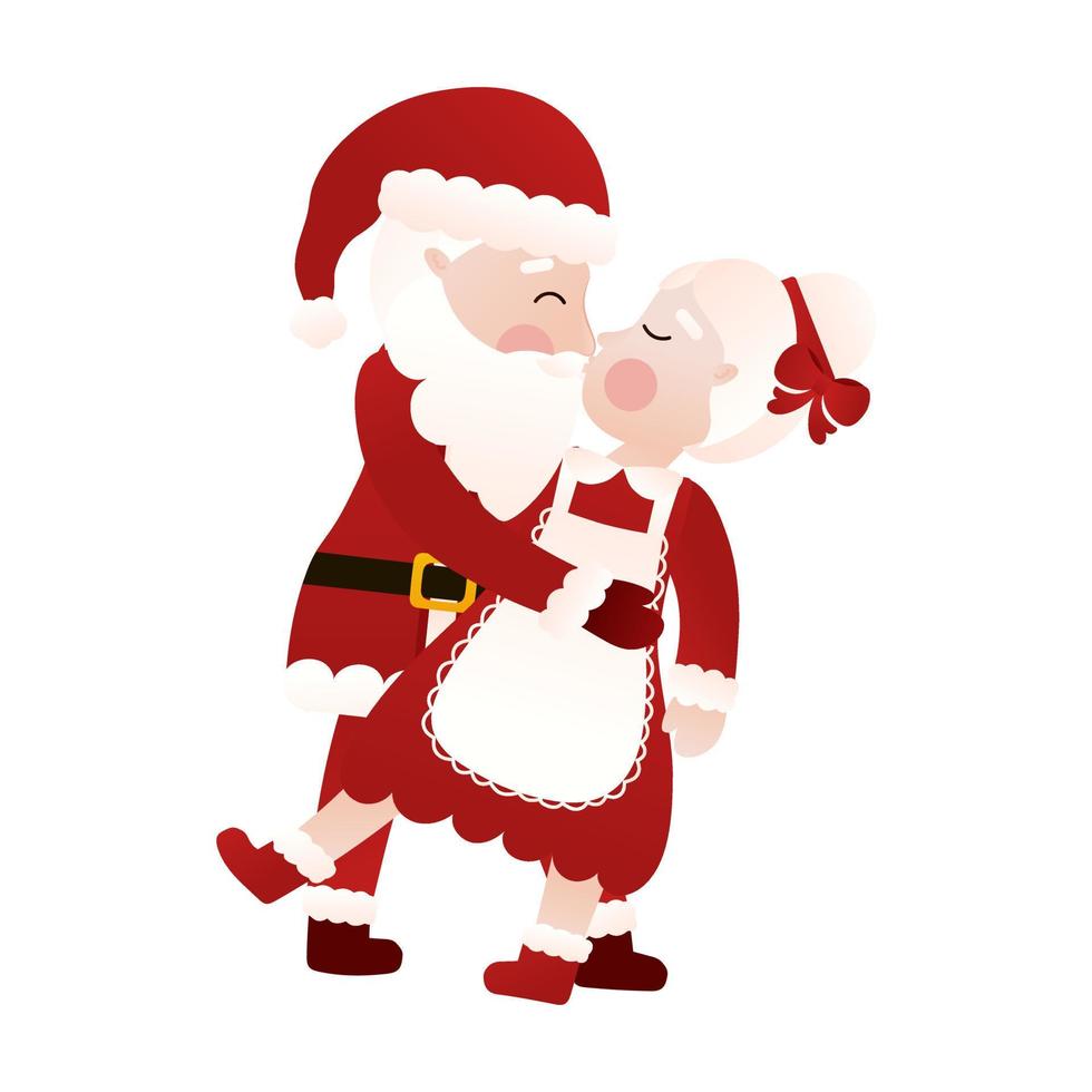 Santa and Mrs Claus dancing together and kissing in cartoon style on white background, clip art for poster design vector