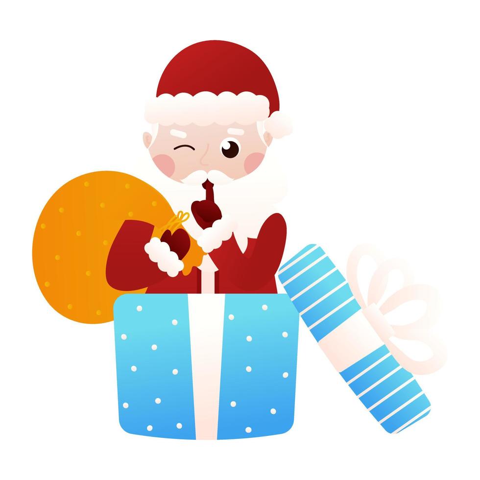 santa claus haciendo un gesto de silencio y escondiéndose en una caja de regalo en estilo de dibujos animados sobre fondo blanco, gesto de shhh vector