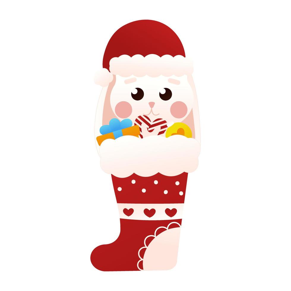 lindo conejito escondido en calcetines de Navidad en estilo de dibujos animados, aislado en fondo blanco, imágenes prediseñadas para el diseño de carteles vector