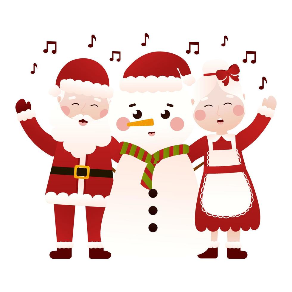 Mr and Mrs Santa Claus singing xmas carols with snowman in cartoon style on white background, clip art for poster design vector