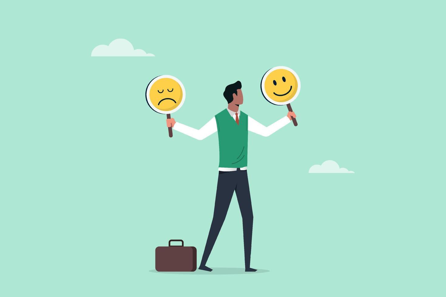 Mental health and emotional state. Smile face and sad face. Businessman holding smile and sad face sign vector
