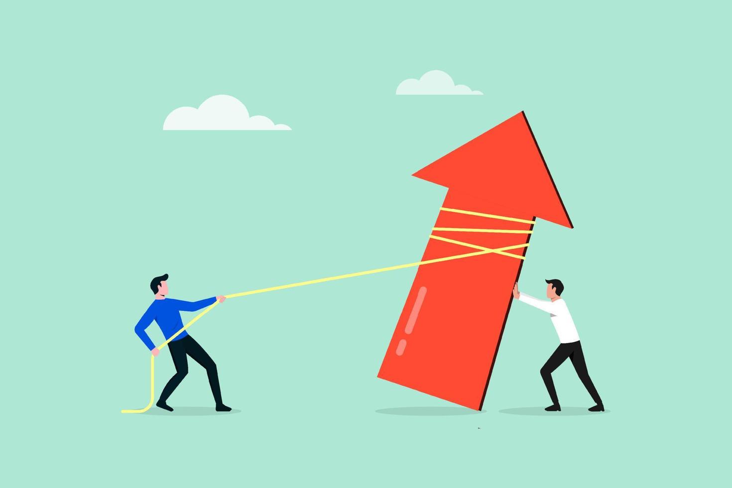 Cooperation to improve business growth, teamwork efforts to growing business, business team members pull and push up an arrow vector