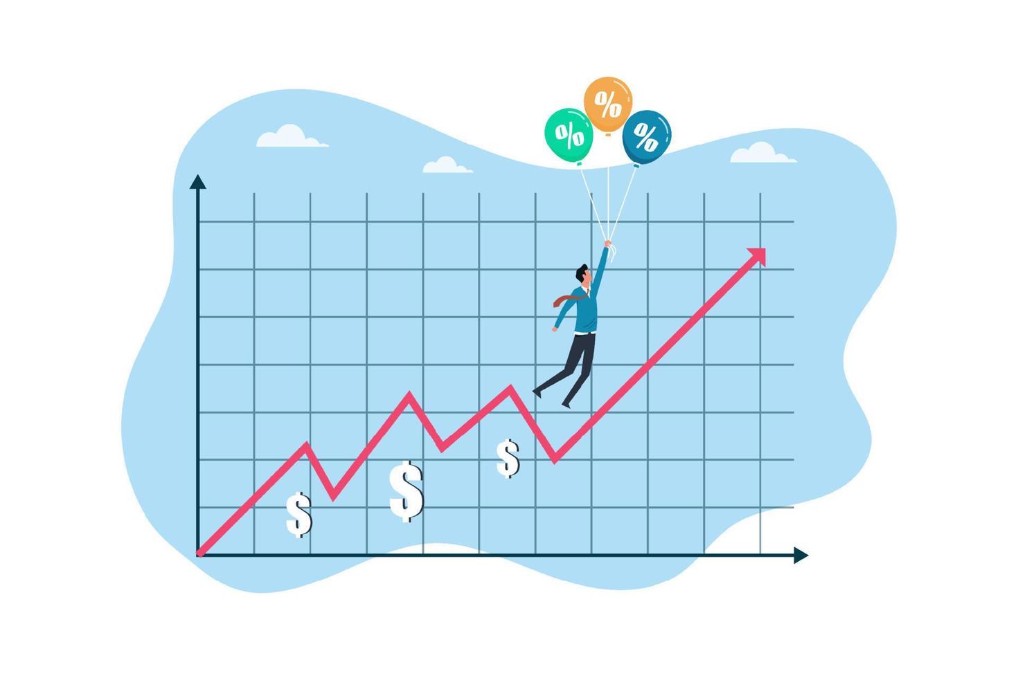 Interest rate hike due to global inflation percentage rising up, FED or central bank monetary policy, businessman hold percentage balloons symbol vector