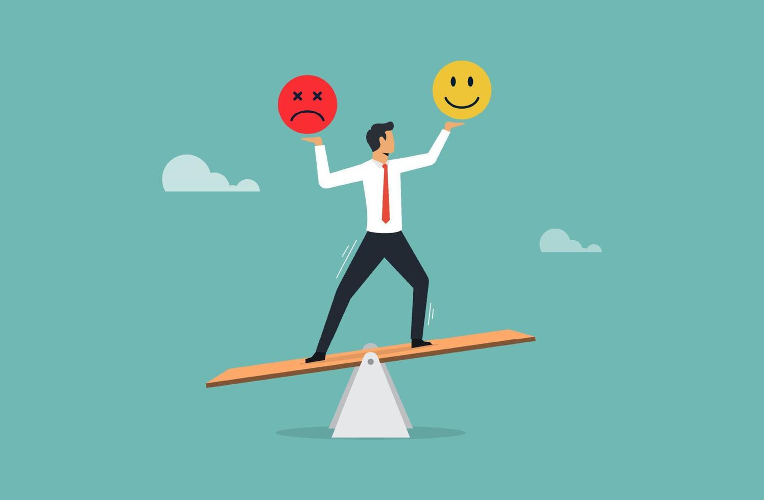 Balancing emotion control feeling between stress or sadness and happy lifestyle, emotional intellegence, man try to balance smile and sad face symbol vector