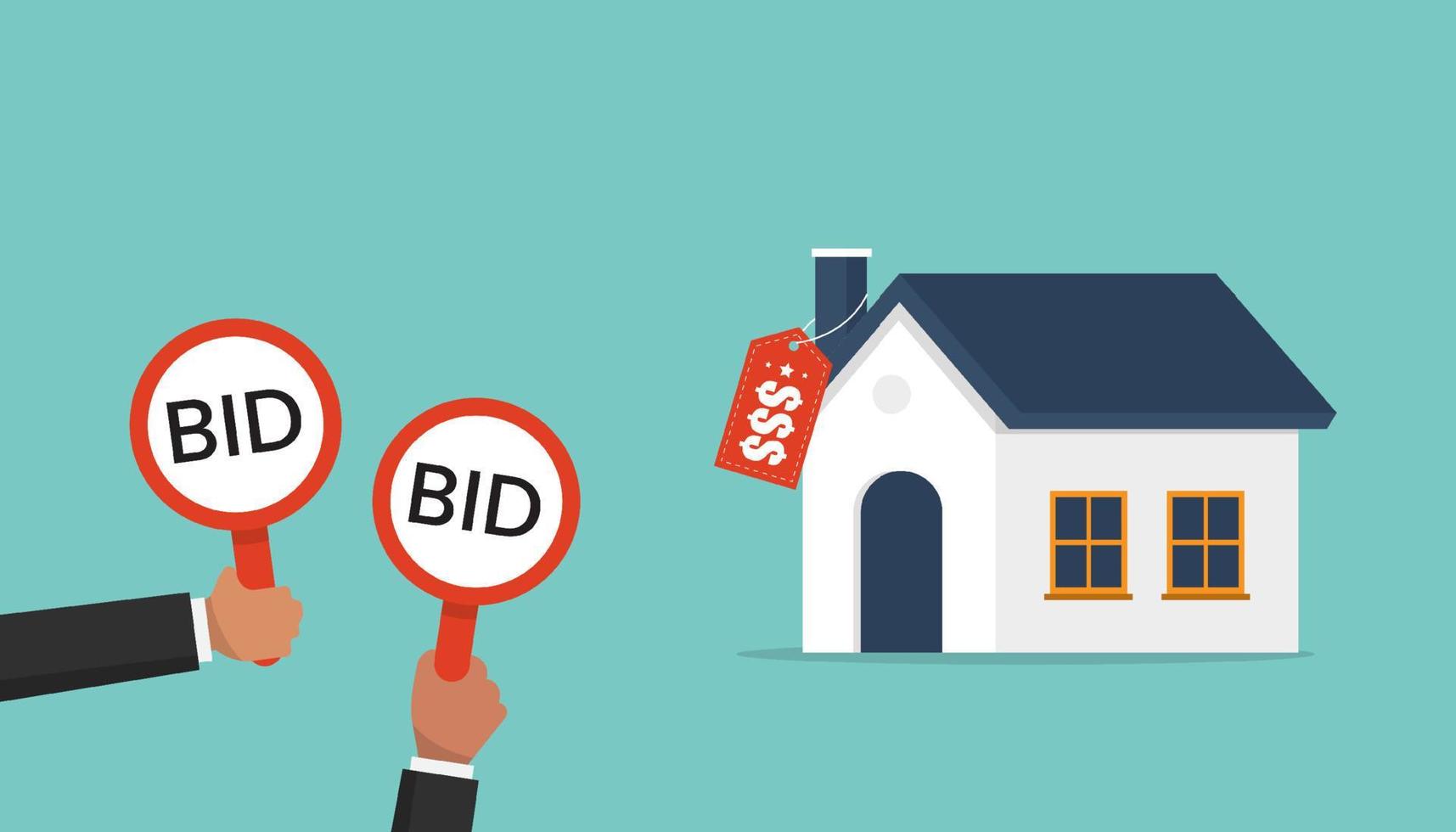 Businessmen hold bid signs for auction a house, buyers place bids, auction and bidding concept vector