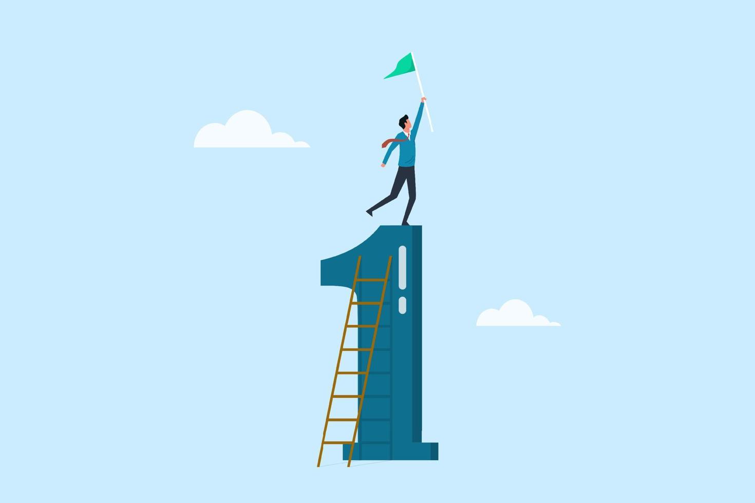 Success businessman climb up ladder of no. 1 symbol, success to the top and holding winning flag, mission accomplish and big achievement vector