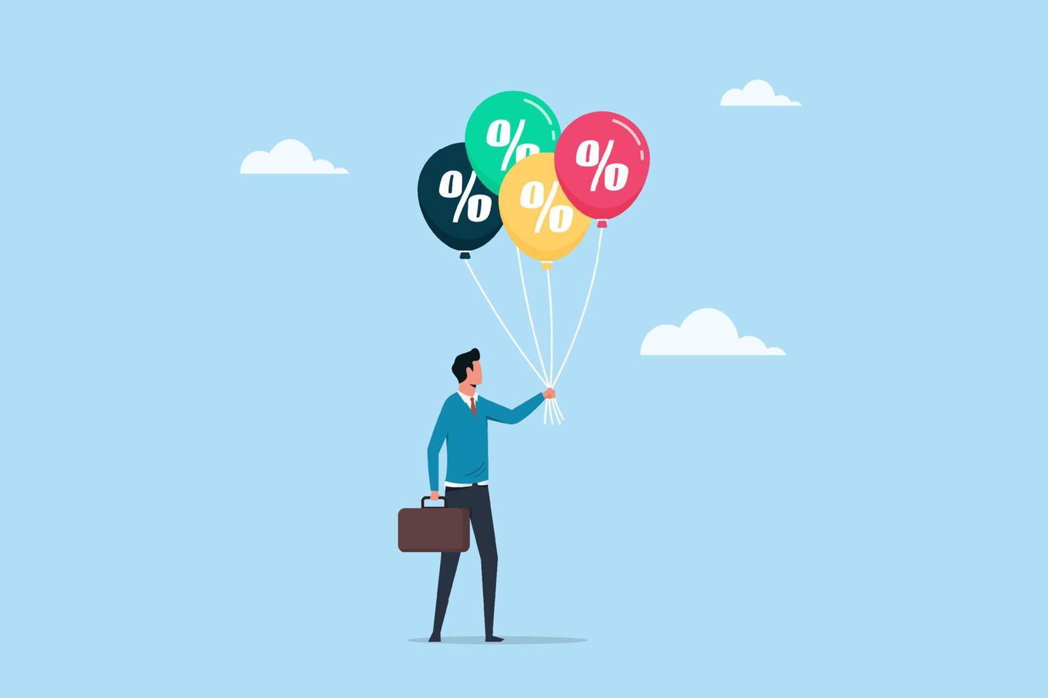 Interest rate hike due to global inflation percentage rising up, FED or central bank monetary policy, businessman hold percentage balloons symbol vector