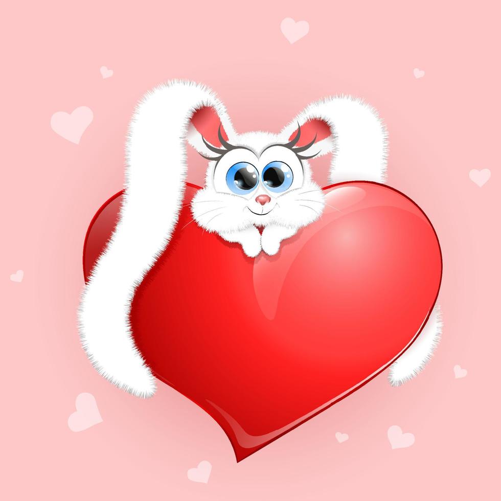 Cute fluffy little cartoon rabbit girl with long ears behind big red heart vector