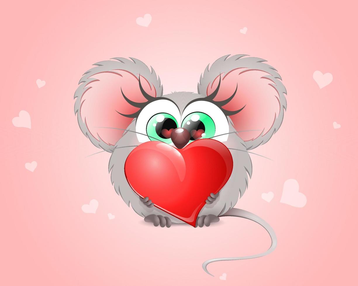 Cartoon funny mouse girl with big red heart in its paws and heart reflection in the eyes. vector