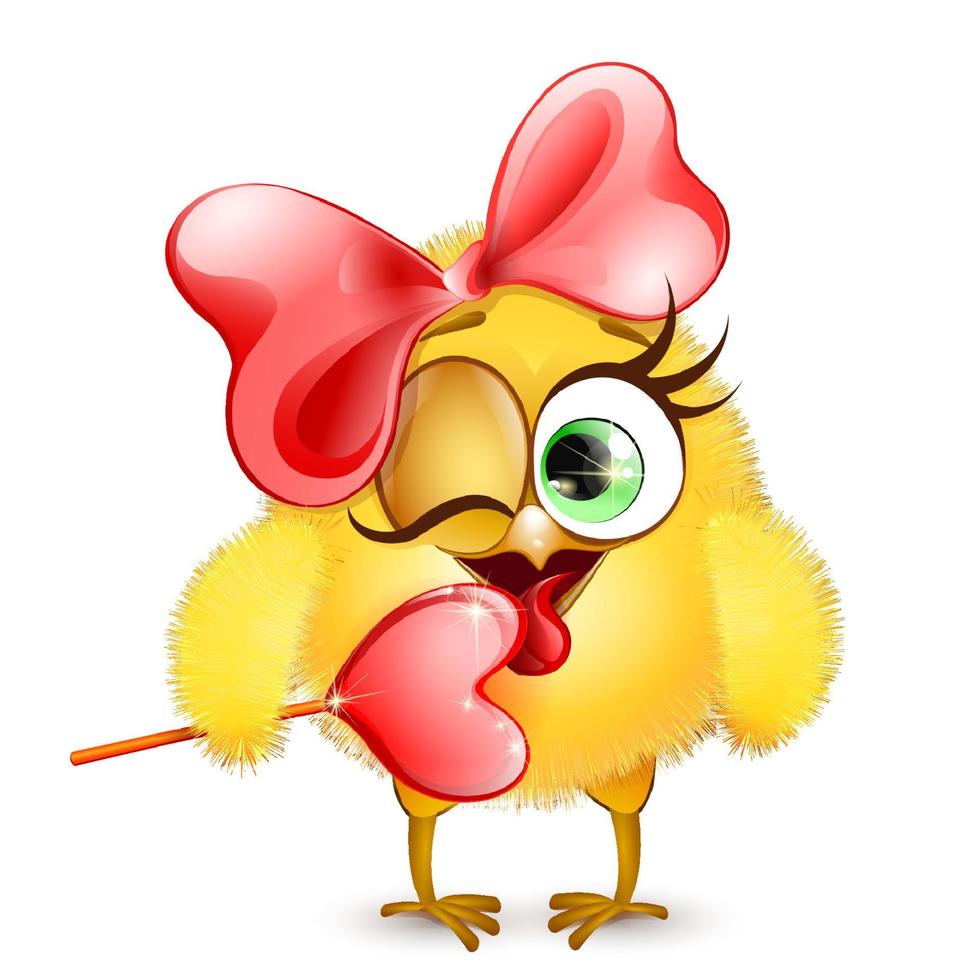 Funny cartoon little yellow chick girl with red bow and licking heart shape lollipop vector