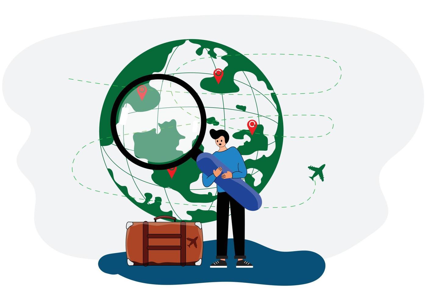 Man holding a magnifying glass and a suitcase on the back of a globe and an airplane Concept. Scan around the world. vector