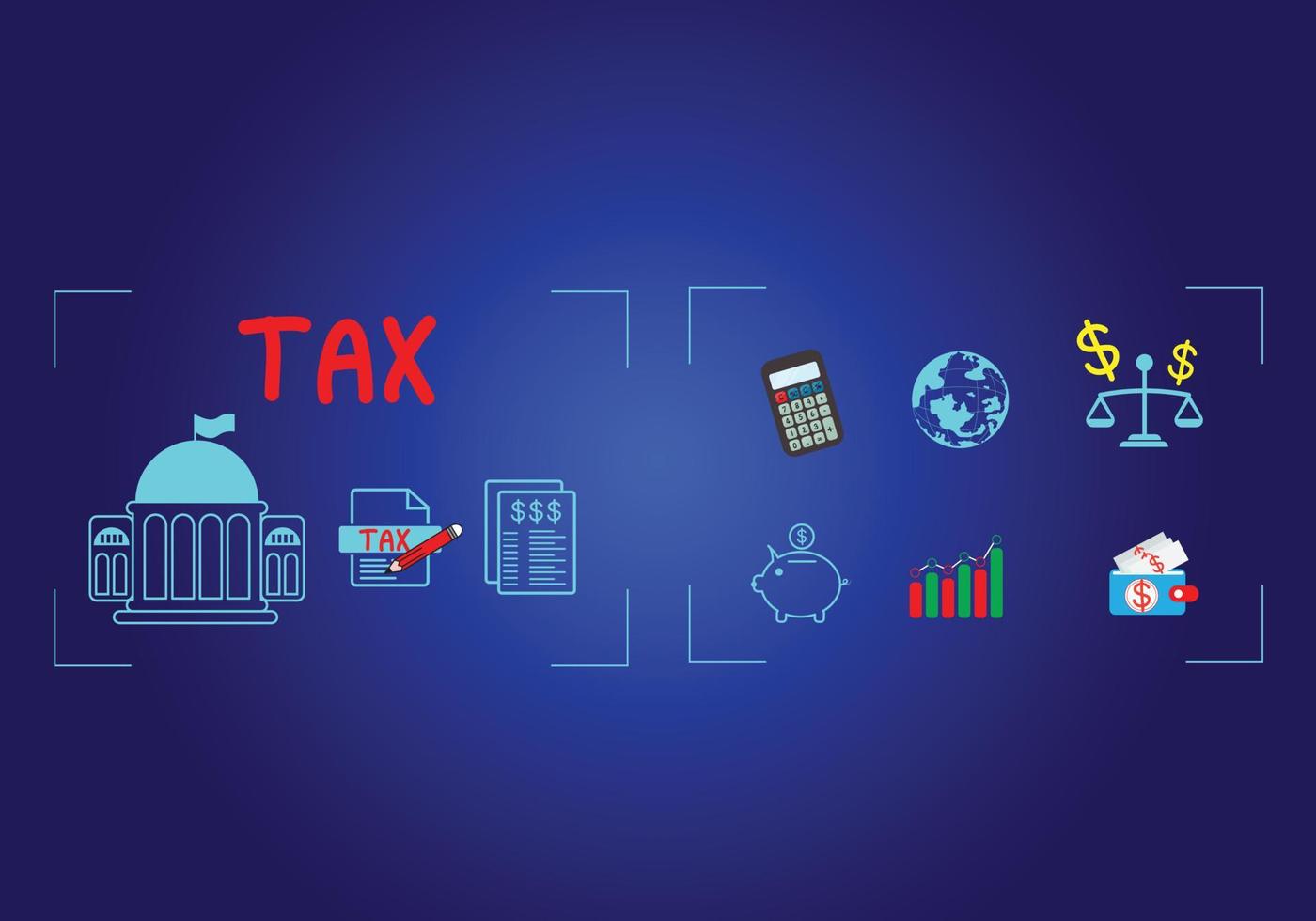 concepto de impuestos pagados por personas físicas y jurídicas, como el IVA, el impuesto sobre la renta y el análisis de datos del impuesto sobre la propiedad, el papeleo, la investigación financiera. fondo para su negocio. vector