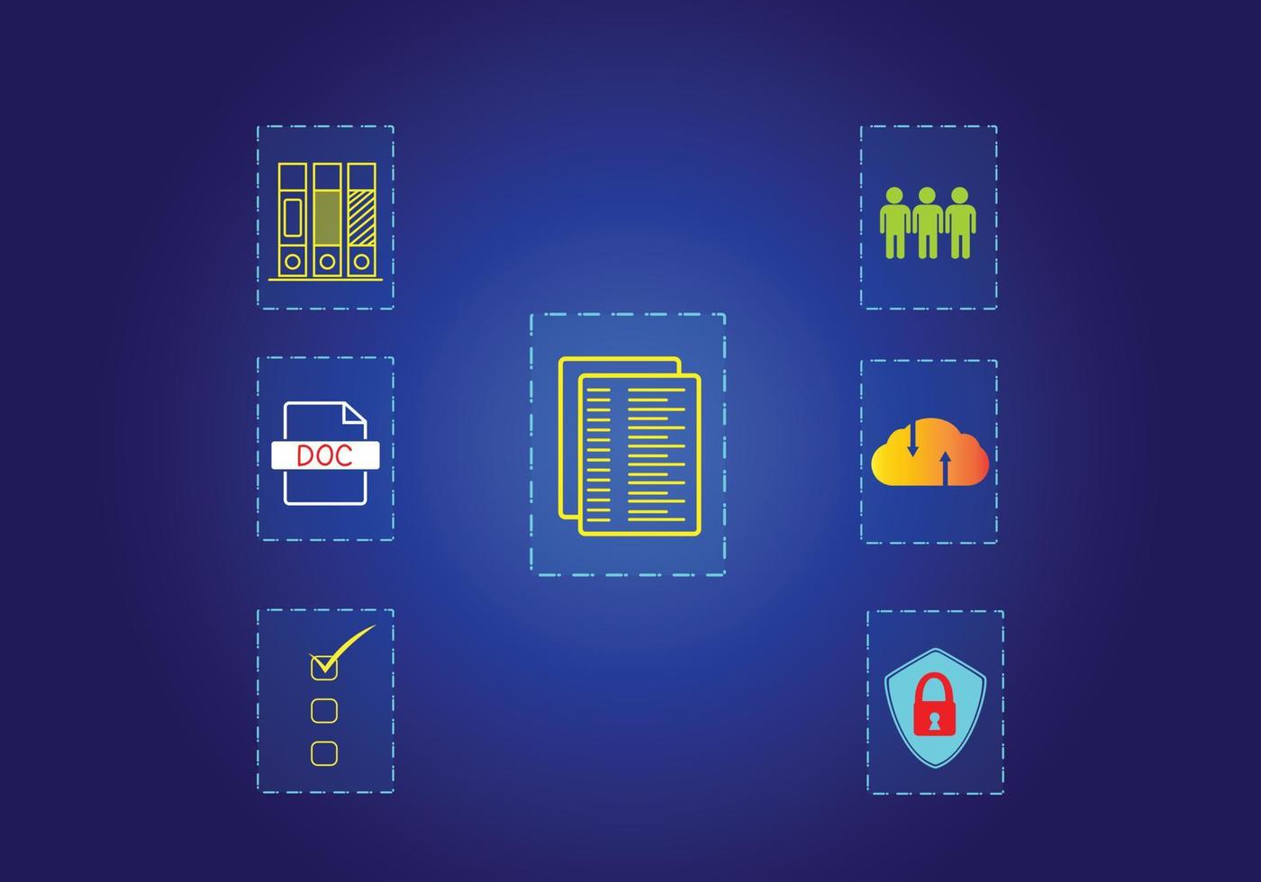 concepto gestión de documentos base de datos de documentos en línea y sistemas de almacenamiento de archivos digitales o software mantenimiento de registros tecnología de base de datos acceso a archivos intercambio de documentos vector