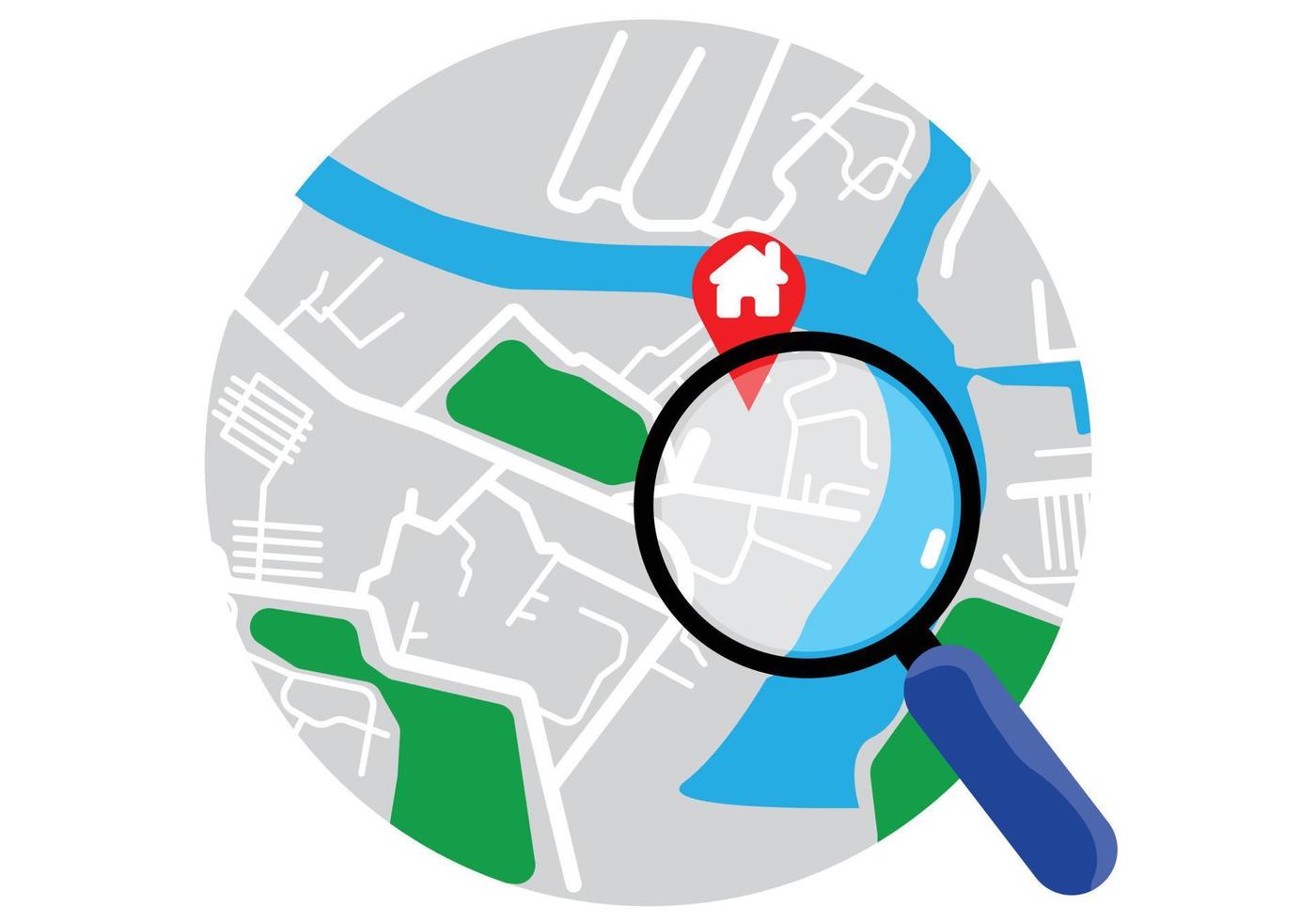 A magnifying glass glides across the map concept, scanning for travel areas or target customer addresses. vector