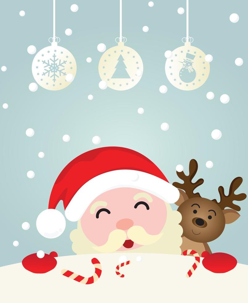 vector character santa claus and merry christmas greeting in banner Santa Claus is emerging from a pile of snow, deer in the background and a Christmas ball at the top.