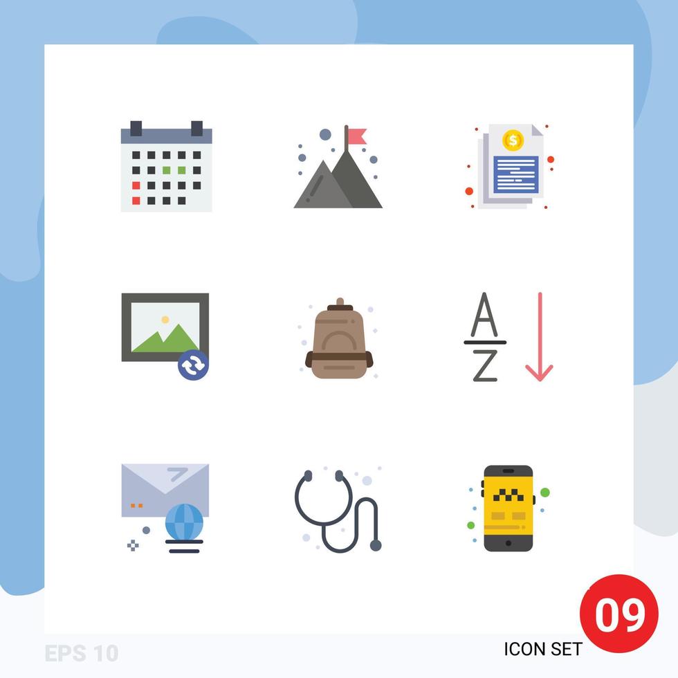 9 Universal Flat Color Signs Symbols of bag sync bill photo report Editable Vector Design Elements