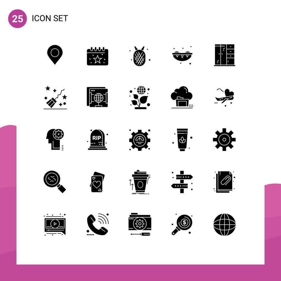 paquete de 25 signos y símbolos de glifos sólidos modernos para medios de impresión web, como elementos de diseño de vectores editables de sushi de verano para el hogar del gabinete