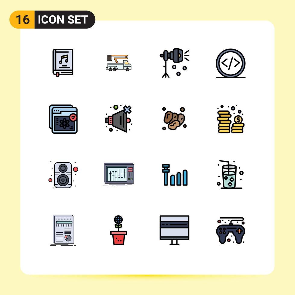 16 Universal Flat Color Filled Line Signs Symbols of development code lifting studio light lightning Editable Creative Vector Design Elements