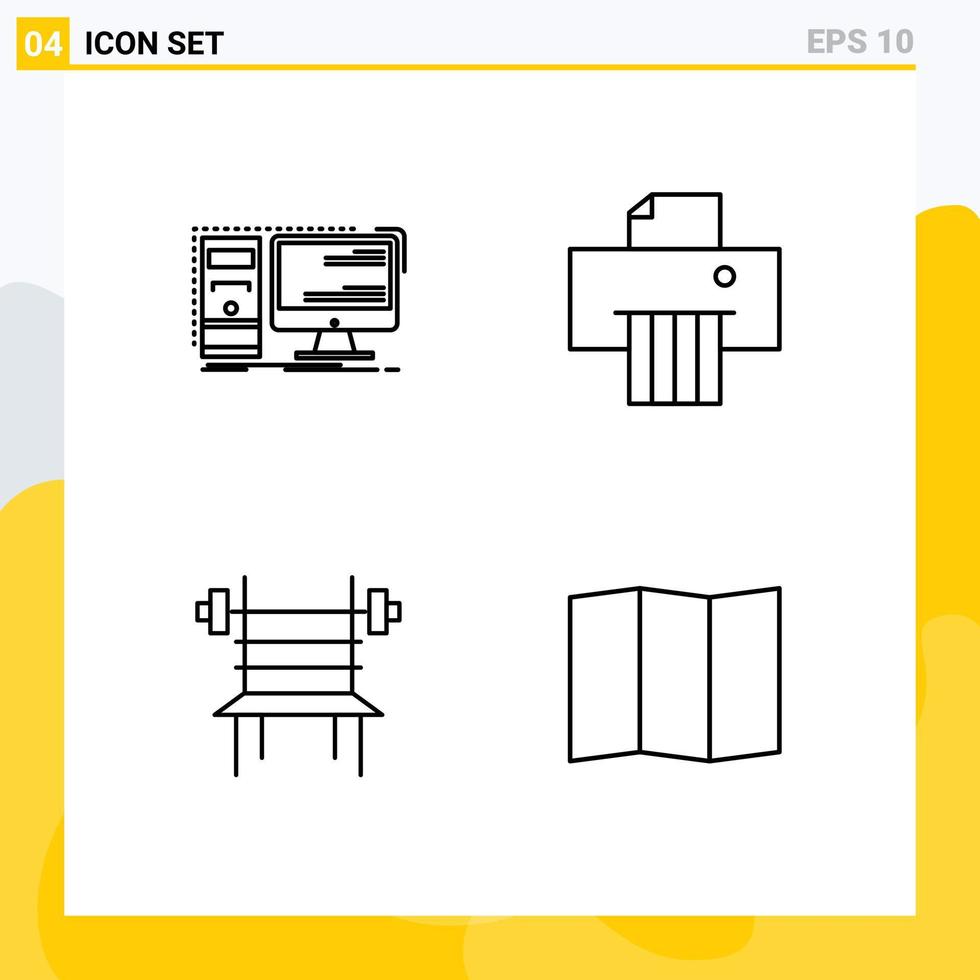 Set of 4 Vector Filledline Flat Colors on Grid for computer dumbbell workstation paper gym Editable Vector Design Elements