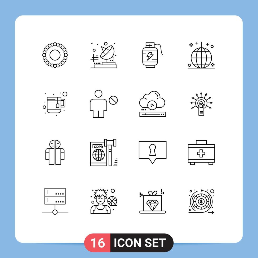 16 User Interface Outline Pack of modern Signs and Symbols of tea cup power party holiday Editable Vector Design Elements
