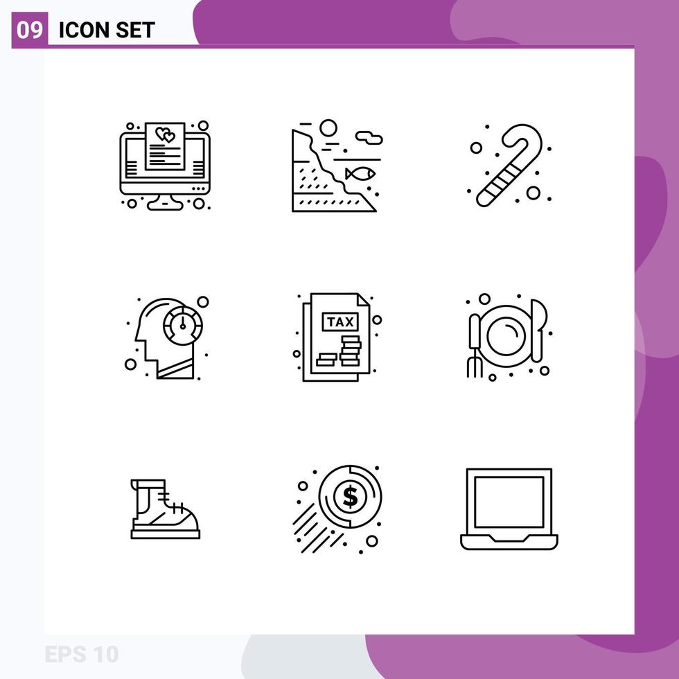 Mobile Interface Outline Set of 9 Pictograms of document mind fishing human fast Editable Vector Design Elements