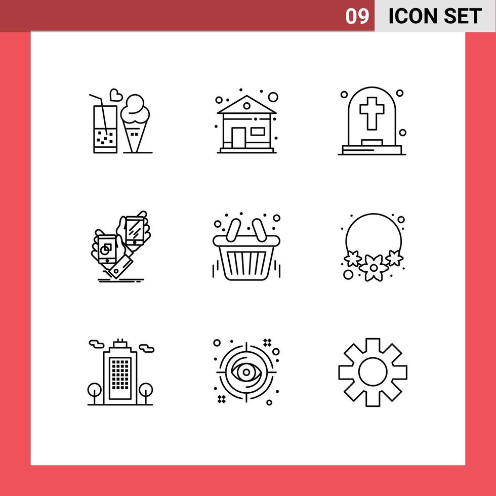 Set of 9 Modern UI Icons Symbols Signs for basket placement dead package awareness Editable Vector Design Elements