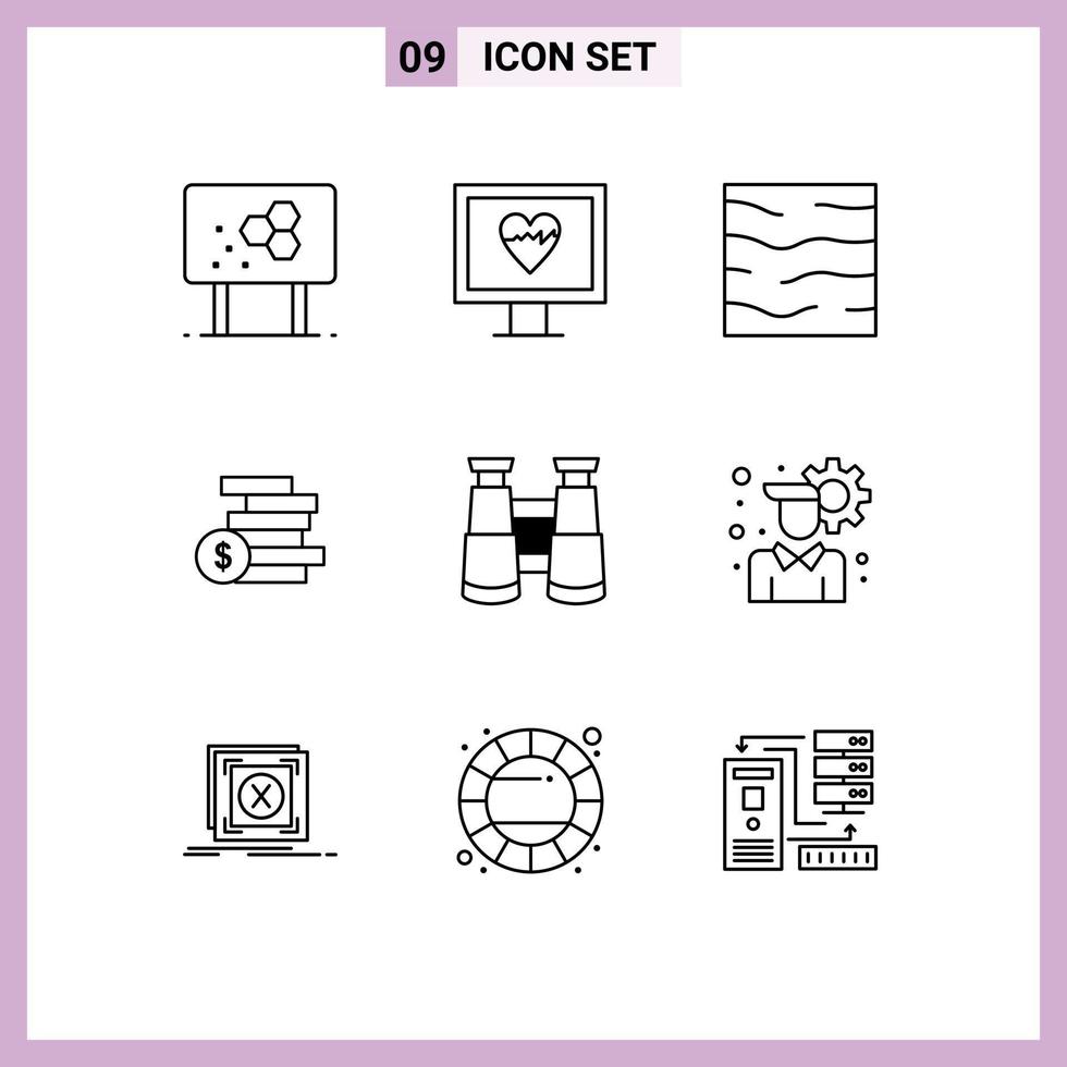 User Interface Pack of 9 Basic Outlines of binoculars ghold climate cash weather Editable Vector Design Elements