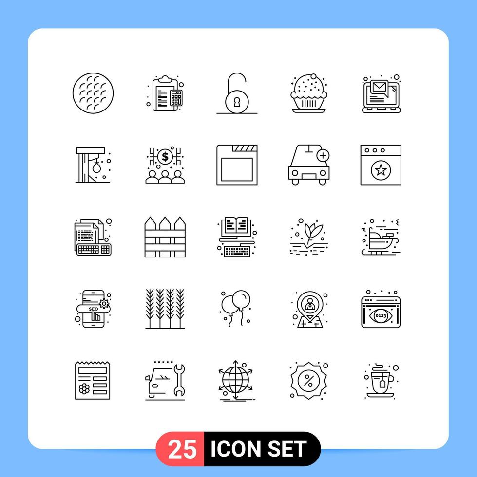 Modern Set of 25 Lines Pictograph of computer celebration duties cake padlock Editable Vector Design Elements