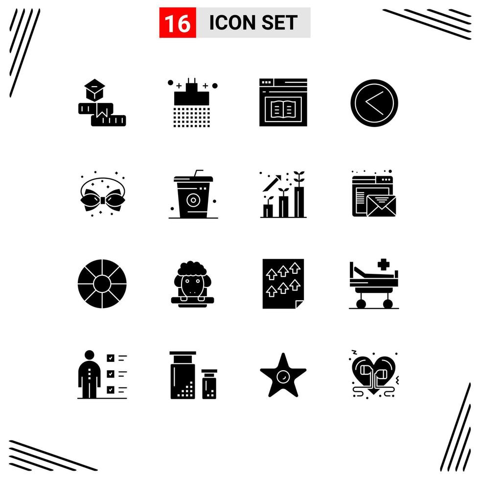 Group of 16 Modern Solid Glyphs Set for left arrow water web learning Editable Vector Design Elements