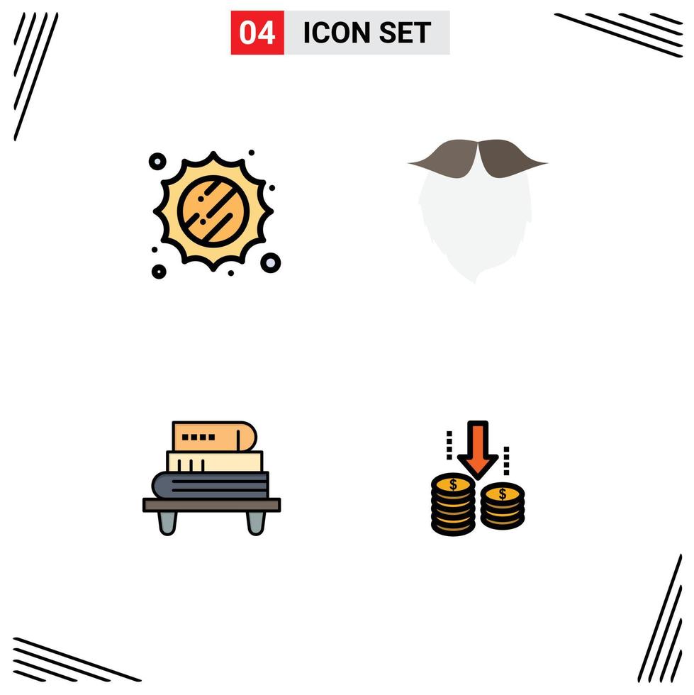 4 Universal Filledline Flat Color Signs Symbols of sun knowledge moustache beared books Editable Vector Design Elements