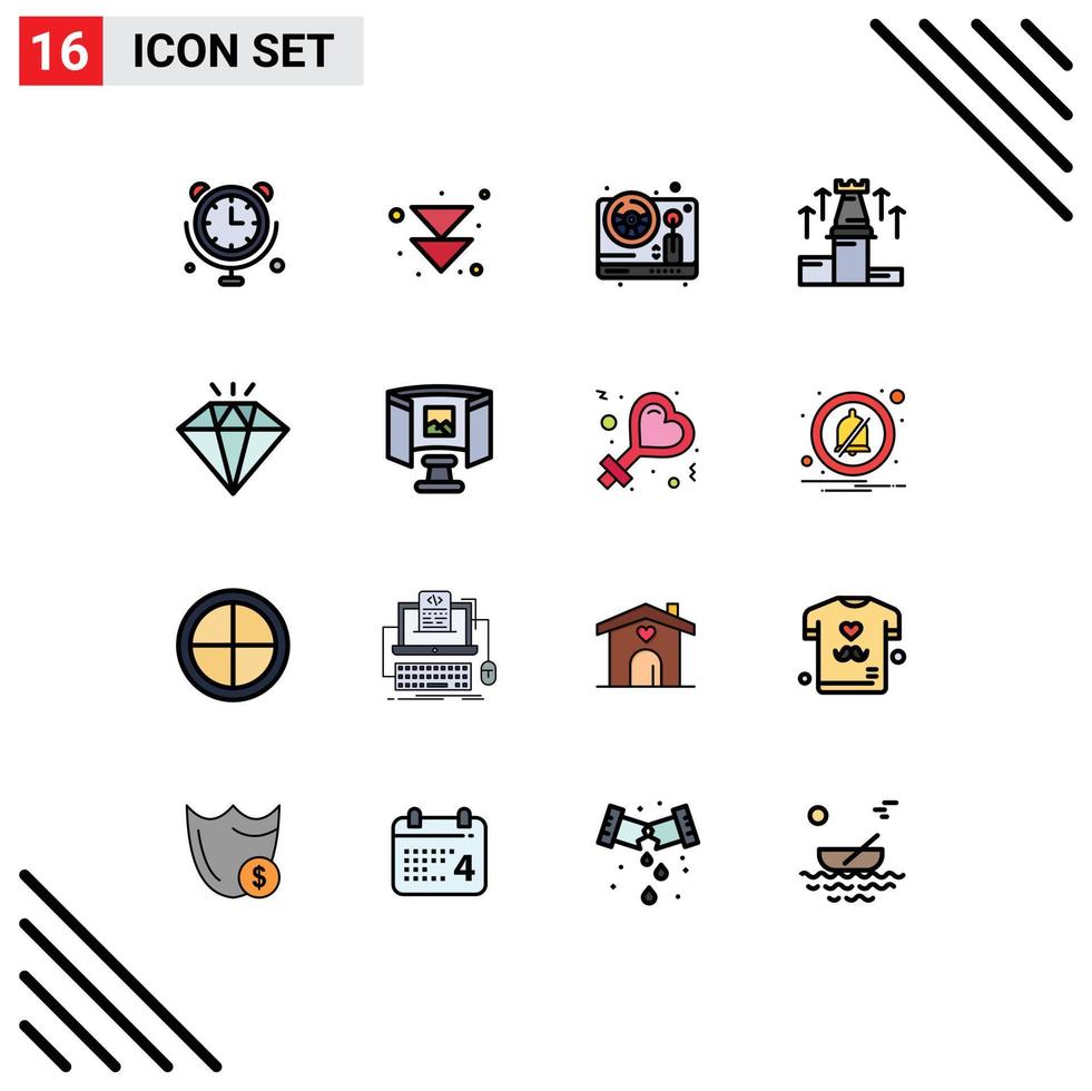 16 User Interface Flat Color Filled Line Pack of modern Signs and Symbols of jewel arrow wheel chess up Editable Creative Vector Design Elements