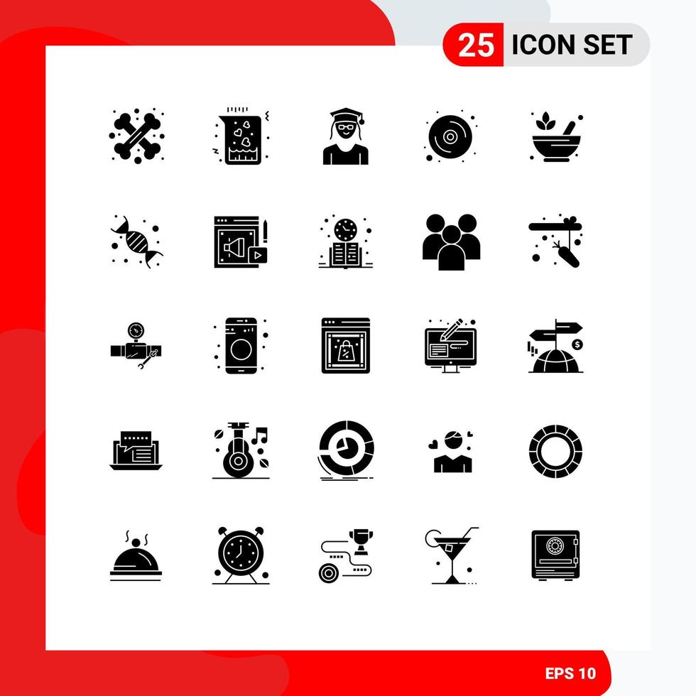 Editable Vector Line Pack of 25 Simple Solid Glyphs of mortar disk love data woman Editable Vector Design Elements