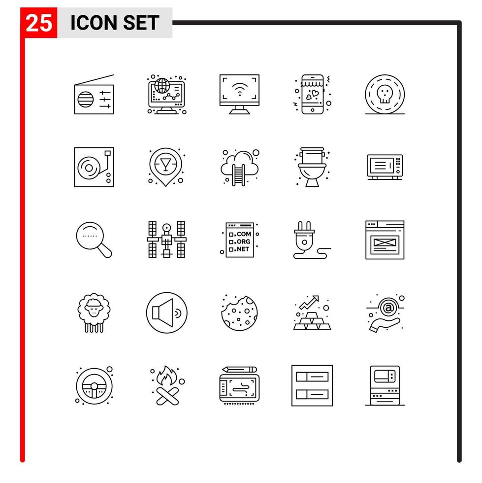 paquete de 25 líneas modernas, signos y símbolos para medios de impresión web, como la electrónica móvil en dólares, elementos de diseño de vectores editables de tv love