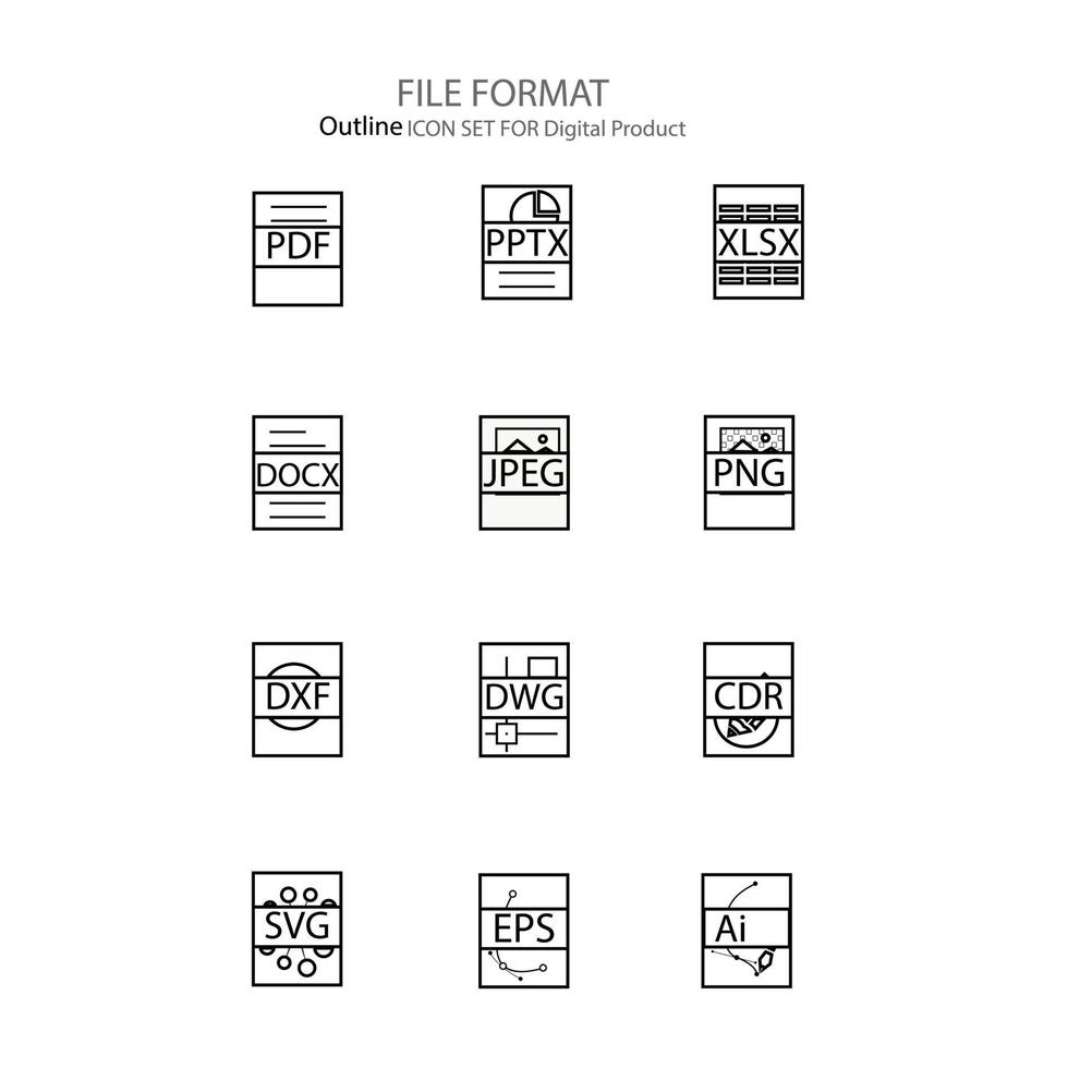 conjunto de iconos de esquema de formato de archivo producto digital vector