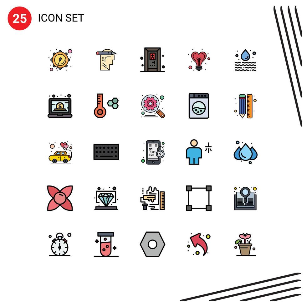 Set of 25 Vector Filled line Flat Colors on Grid for waste leak door water light Editable Vector Design Elements