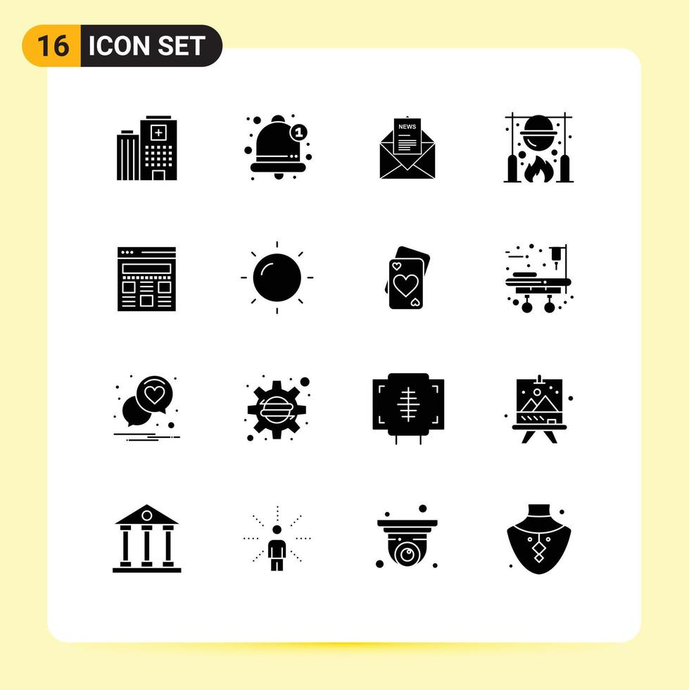 Mobile Interface Solid Glyph Set of 16 Pictograms of cooking picnic news caldron letter Editable Vector Design Elements