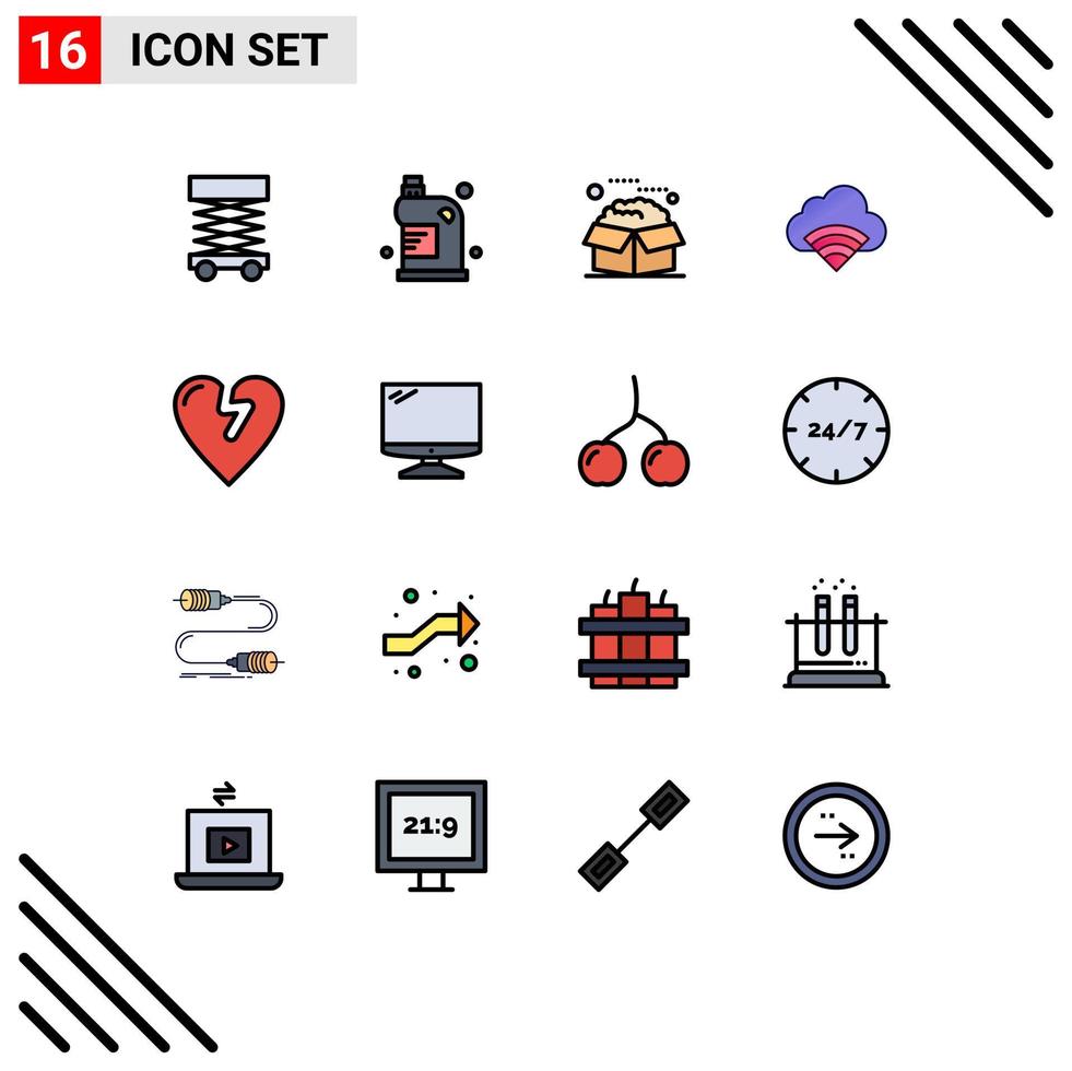 Pack of 16 Modern Flat Color Filled Lines Signs and Symbols for Web Print Media such as signal connection household cloud packages Editable Creative Vector Design Elements