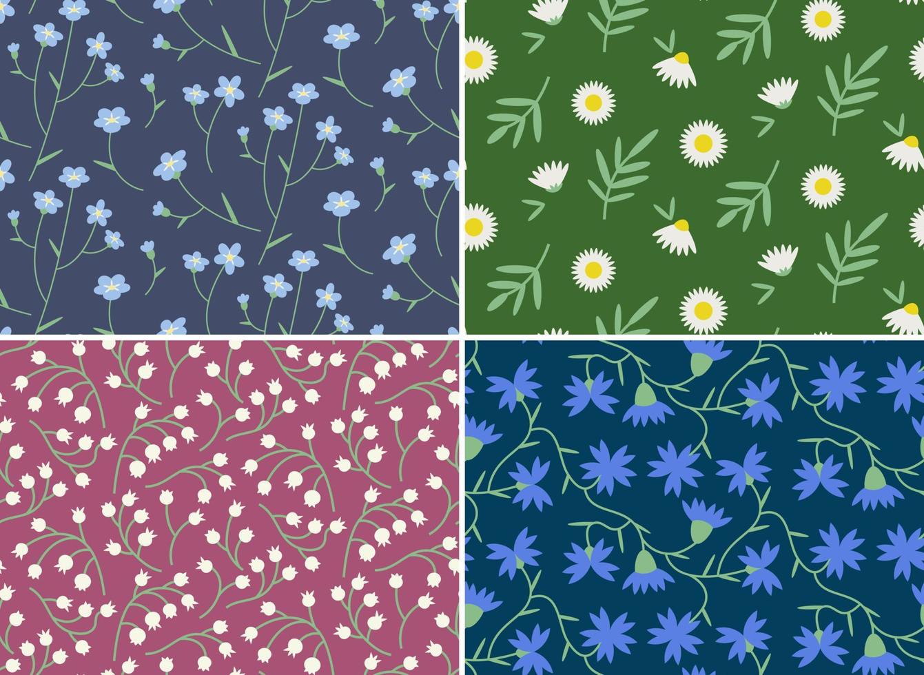 Collection of seamless patterns with wildflowers. vector