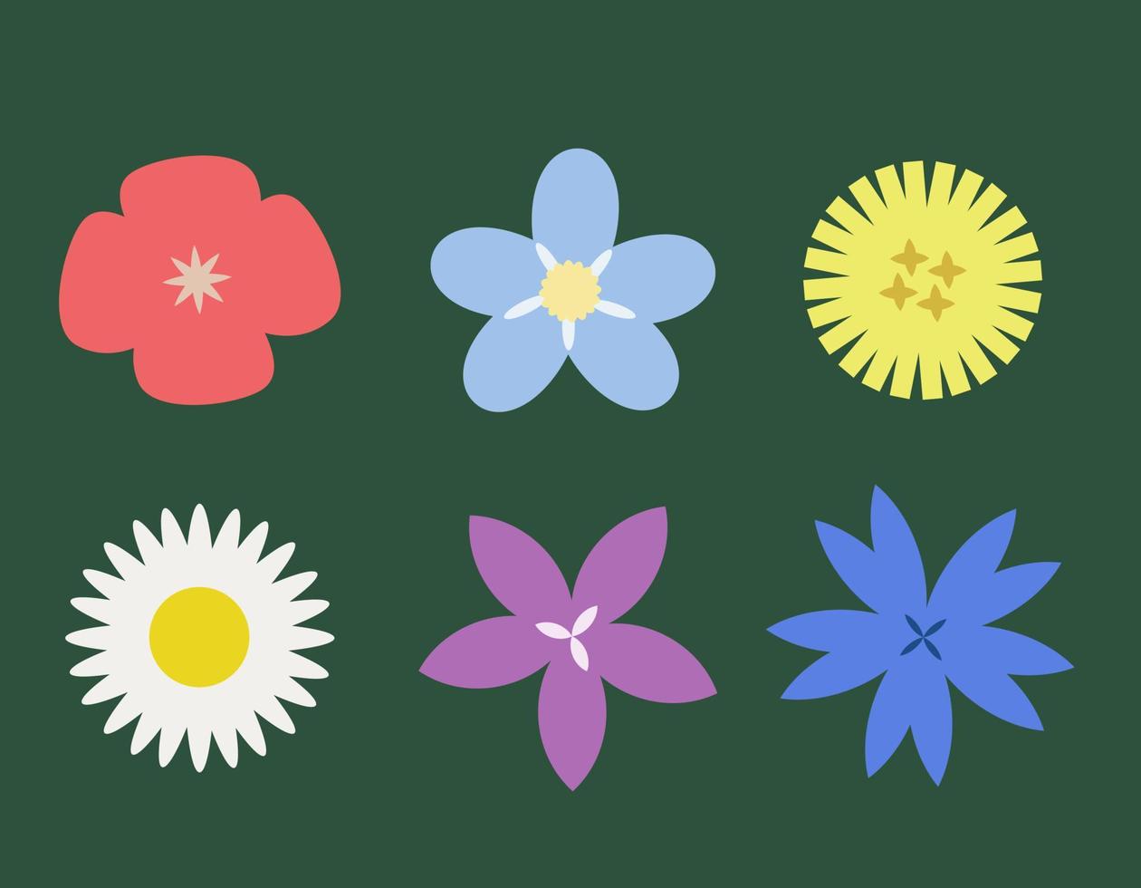 Set of different wildflowers top view. Beautiful flowers in flat style. vector