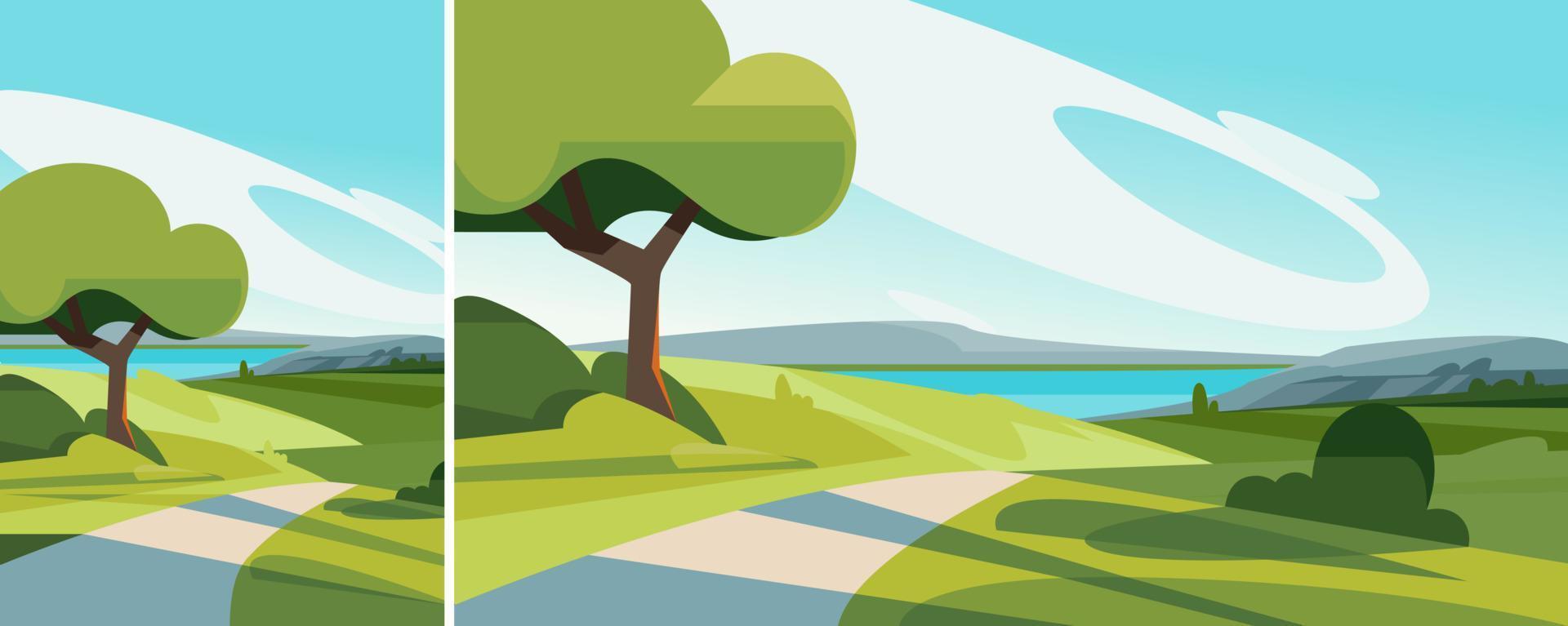 Summer landscape with road to the lake. Natural scenery in different formats. vector