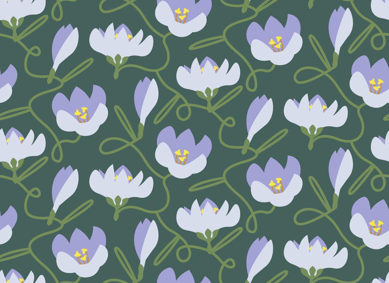 Seamless pattern with crocus heads. Beautiful nature texture in flat style. vector
