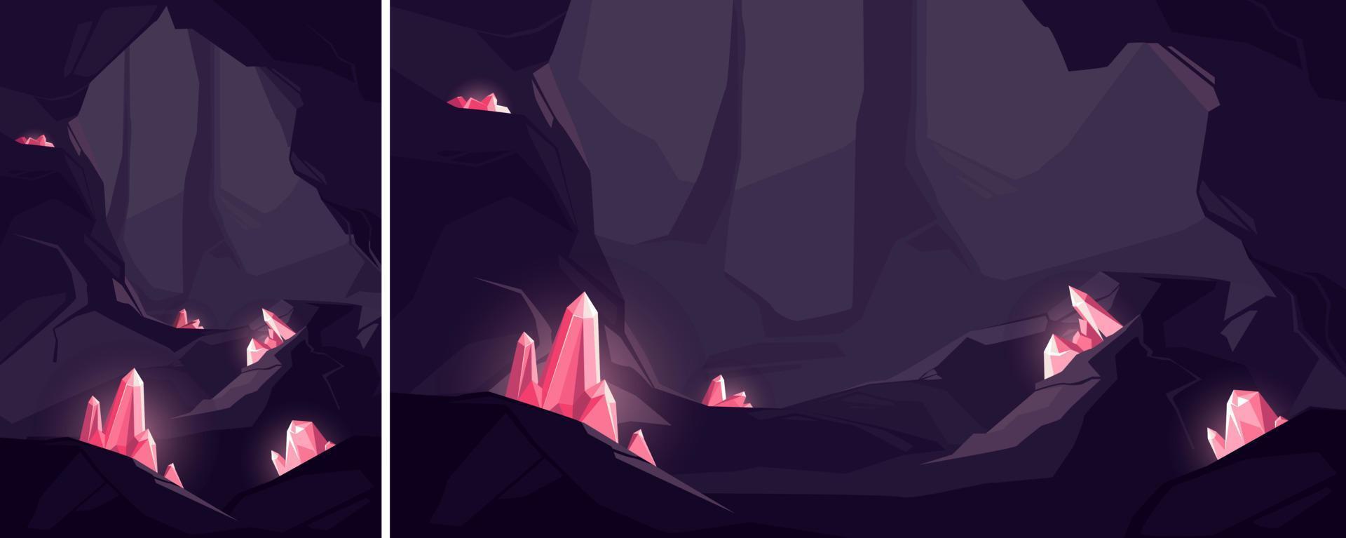 Cave with red crystals. Underground location in different formats. vector