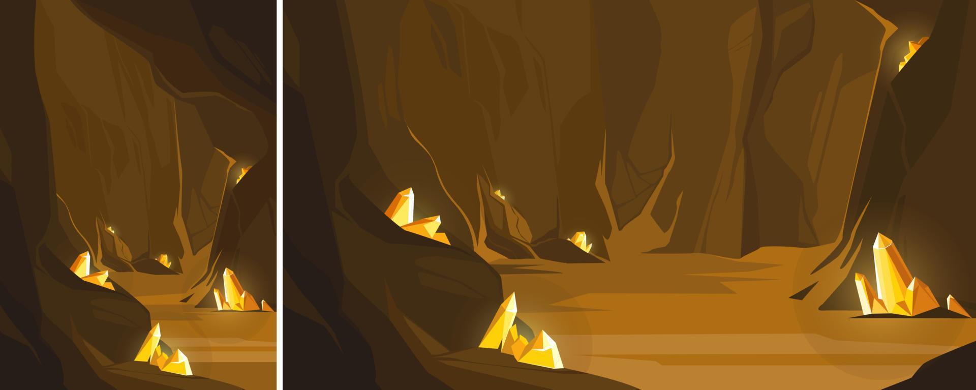 Cave with orange crystals. Underground location in different formats. vector