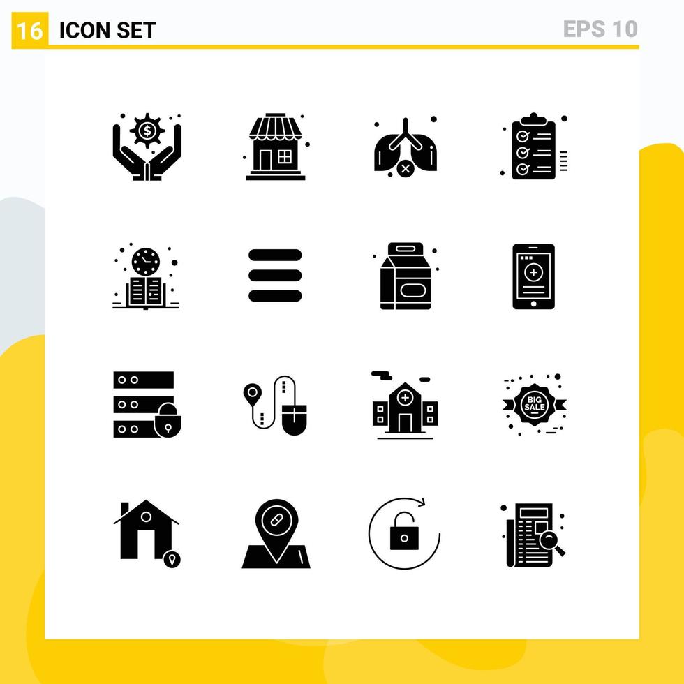 Modern Set of 16 Solid Glyphs and symbols such as schedule clock waste book wishlist Editable Vector Design Elements