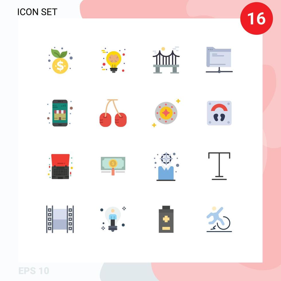 Mobile Interface Flat Color Set of 16 Pictograms of server folder across database road Editable Pack of Creative Vector Design Elements