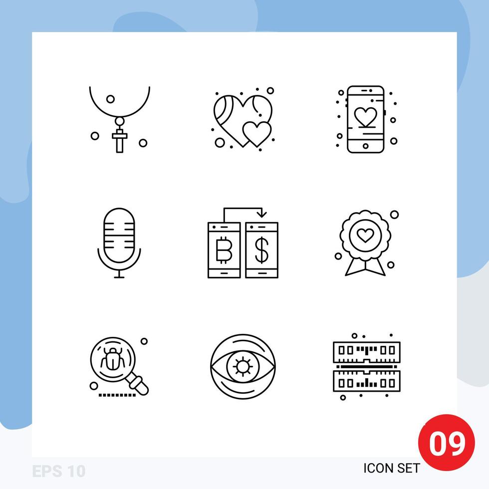 9 Universal Outlines Set for Web and Mobile Applications smartphone cashless application microphone live Editable Vector Design Elements