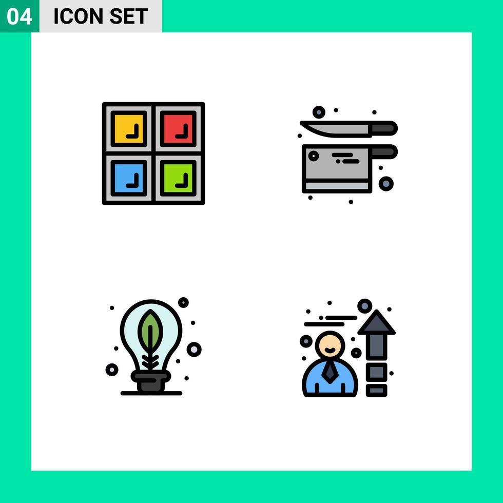 Pack of 4 creative Filledline Flat Colors of construction bulb cooking knife efficiency Editable Vector Design Elements