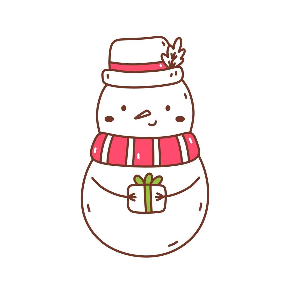 lindo muñeco de nieve con regalo aislado sobre fondo blanco. ilustración vectorial dibujada a mano en estilo garabato. personaje kawaii. perfecto para tarjetas, decoraciones, logotipos y diseños navideños. vector