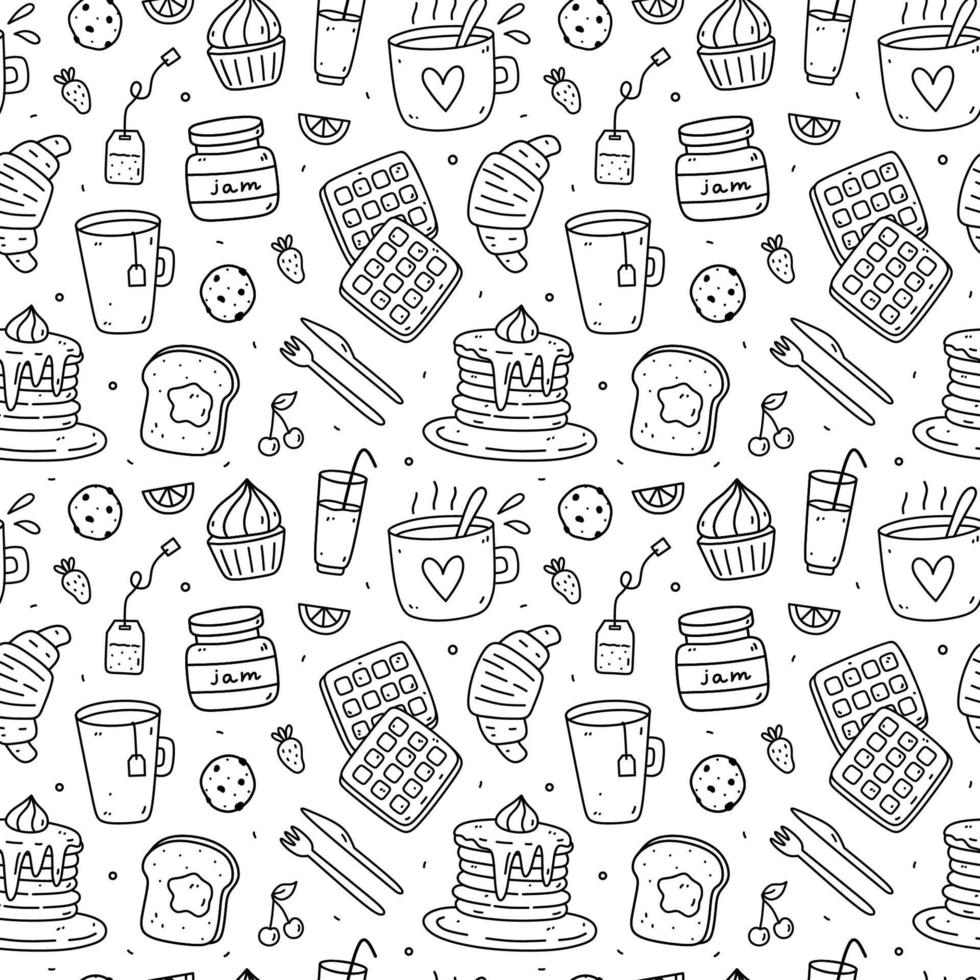 Cute seamless pattern with breakfast food - toasts, jam,  coffee, tea, croissants, waffles, pancakes. Vector hand-drawn illustration in doodle style. Perfect for print, wrapping paper, wallpaper.